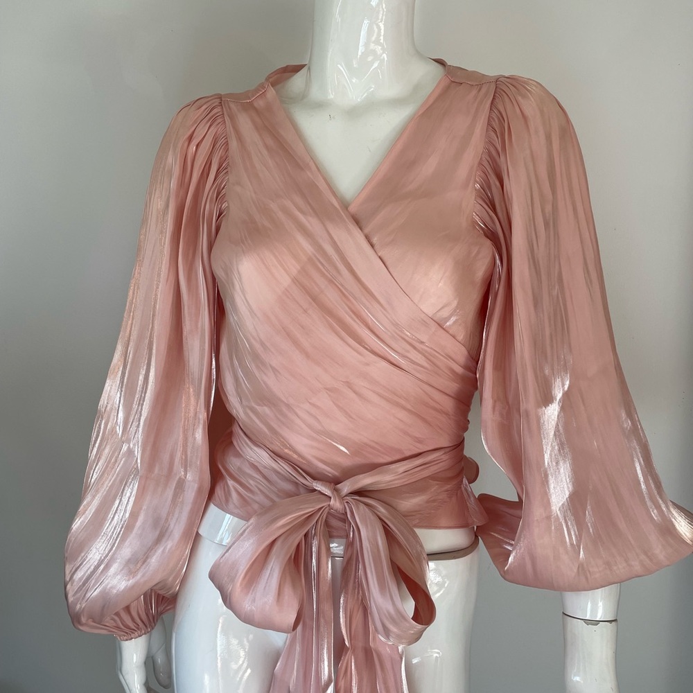 Pink Satin Wrap Blouse Balloon Sleeve Tie Waist Silky Top Size S - Picture 3 of 4